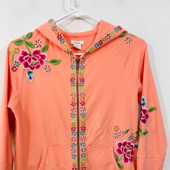 Sundance Y2K Floral Embroidered Full Zip Sweatshirt XS Peach Orange 3/4 Sleeve - Picture 4 of 7
